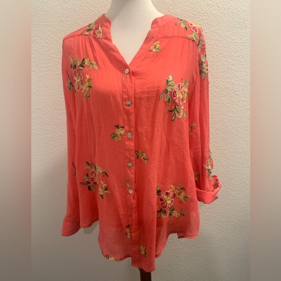 Fig and Flower  Anthropology Coral Floral Button-Up Blouse - Picture 1 of 7